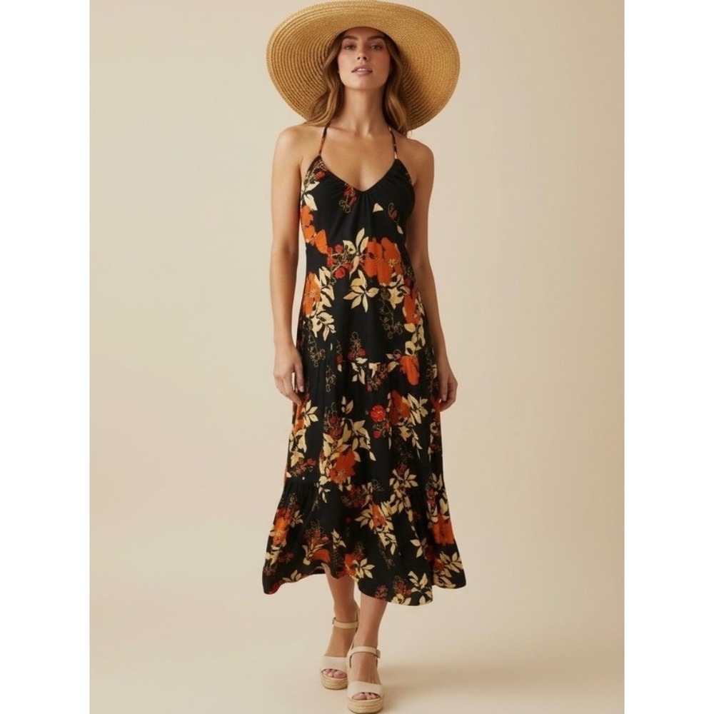 NEW H&M Floral Halter Maxi‎ Dress Size 16 Black Orange Hibiscus Tiered Boho